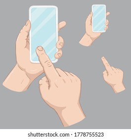 Men's hand holding smartphone and hand with pointer finger hand drawn vector illustration in light skin color