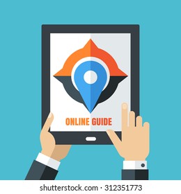 Mens hand holding tablet. Flat illustration of mobile phone, compass and waypoint map symbol. Concept for holidays, planning vacation, tourism, instruction, user online guide.