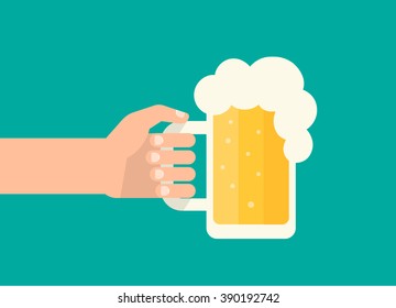 Men's hand holds a beer mug. Isolated vector illustration flat design.