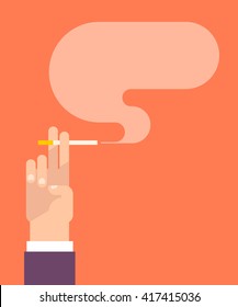 Men's hand holds a cigarette with a cloud of smoke. Isolated vector illustration flat design.  Template for your text.