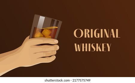 Men's hand holds a glass with a brandy with ice cubes. Isolated vector illustration flat design. Glass of whiskey in hand