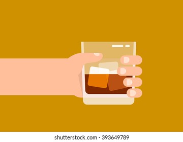 Men's hand holds a glass with a whiskey with ice. Isolated vector illustration flat design.