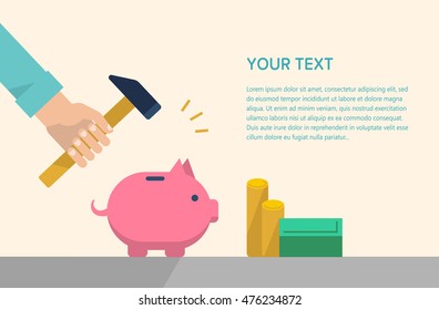 Men's hand holds a hammer and breaking to a pink piggy bank. Earnings, saving and finance concept. Vector illustration flat design horizontal banner template