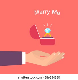 Men's hand holds a jewelry box with a wedding ring with a big shining diamond. Make a marriage proposal. Wedding concept. Isolated vector illustration flat design.