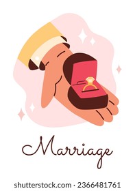 Men's hand holds an open box with a wedding ring and diamond. Make a marriage proposal. Wedding, engagement concept vector illustration. Cartoon poster on decorative background with lettering