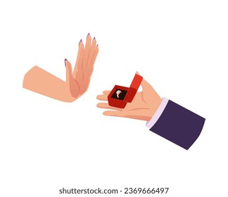 Men's hand holds an open red box with a wedding diamond ring. Make a marriage proposal and get rejected. Wedding, engagement disappointment concept vector cartoon illustration isolated on white