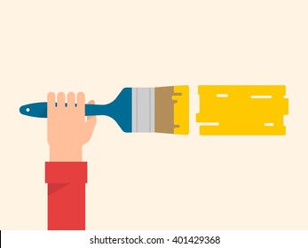 Men's hand holds a paint brush with a yellow color. Interior design, repair concept. Isolated vector illustration flat design. Horizontal banner