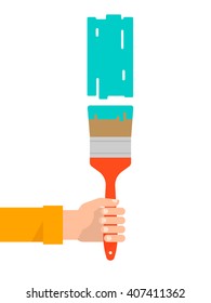 Men's hand holds a paint brush with a green color. Interior design, repair concept. Isolated vector illustration flat design. Vertical banner