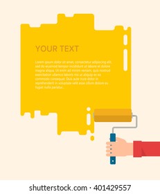 Men's hand holds a paint roller with a yellow color. Interior design, repair concept. Isolated vector illustration flat design. Blank template for your text