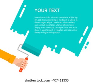 Men's hand holds a paint roller with a green color. Interior design, repair concept. Isolated vector illustration flat design. Blank template for your text