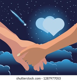 Men's hand holds the woman's hand against the background of the moon in the form of a heart, clouds, stars and comets. Vector illustration.
