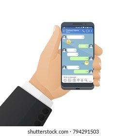 Men's hand keeps modern smartphone with a social network application or instant messenger on the screen. Vector illustration isolated on a white background