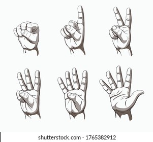 Men's hand palm counting in gesture with fingers one, two, three, four, five, hand drawn vector illustration in contrast grayscale cartoon style