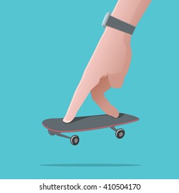 Men`s hand playing with fingerboard. Playing sport concept. Vector illustration