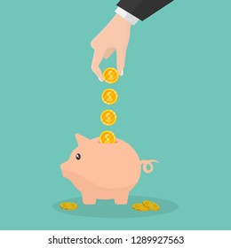 Men's hand puts coins to a pink piggy bank. Earnings, saving and finance concept. Vector illustration flat design.