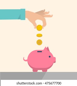 Men's hand puts coins to a pink piggy bank. Earnings, saving and finance concept. Vector illustration flat design.