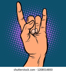 mens hand rock gesture. Comic cartoon pop art retro vector illustration drawing