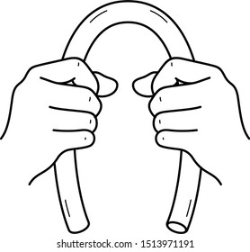 Men's hands bending metal tube. Vector outline icon.
