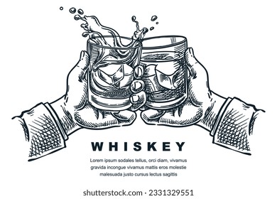 Men's hands cheers toast with scotch whiskey or bourbon glasses. Vector hand drawn engraved sketch illustration isolated on white background. Alcohol drinks label, badge, poster, banner design element