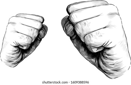 men's hands clenched into a fist for a blow, sketch vector graphics illustration on white background