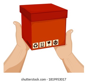 Die Händchen halten eine Schachtel mit Strichcode- und Ladungsschildern. Versand und Heimlieferung. Geschenke und Überraschungen mit Kurierdienst. Cartoon-Vektorgrafik auf weißem Hintergrund