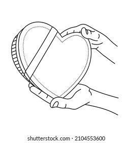 Men's hands hold gift box with heart-shaped. Gifts for Valentine's Day, Mother's Day, Birthday. Romantic date, wedding anniversary. Declaration of love. Offer of marriage. Sketch, linear drawing