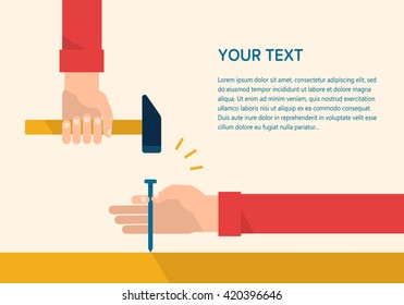 Men's hands hold a hammer and steel nail. Construction, engineering, repair concept. Isolated vector illustration flat design. Template for your text