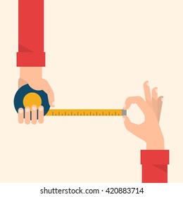 Men's hands hold a measuring tape. Construction, engineering, repair concept. Isolated vector illustration flat design.