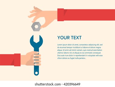 Men's hands hold a wrench and a gear. Mechanical engineering, technical support concept. Isolated vector illustration flat design. Template for your text