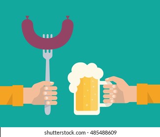 Men's hands holding a fork with a sausage and a mug of a beer with a white foam. Food and drink concept. Flat design vector illustration.