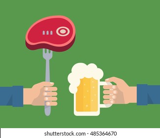 Men's hands holding a fork with a steak grill and a mug of a beer with a white foam. Food and drink concept. Flat design vector illustration.