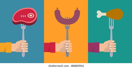 Men's hands holding a forks with a different kind of meat dish - a steak grill, a sausage and a roasted chicken. Food restaurant menu concept flat design vector illustration.