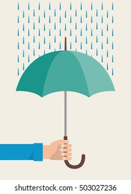 Men's hands is holding an umbrella on a rainy day. Vector illustration flat design 