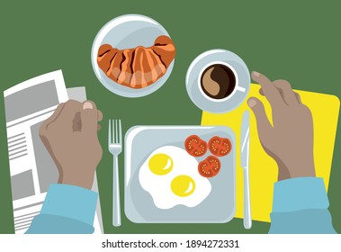 men's hands on the table breakfast croissant coffee scrambled eggs