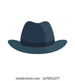 Men's hat. Black classic men's hat with brim. Vector illustration, flat design element, cartoon style, isolated on white background. Front view.