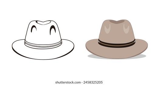 Sombrero de hombre Fedora Style vista frontal en contorno y Ilustración vectorial realista aislado, eps