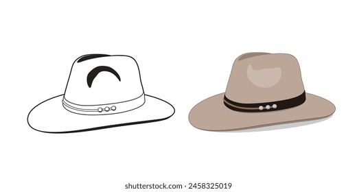 Sombrero de hombre Fedora Style vista lateral en contorno y Ilustración vectorial realista aislado, eps