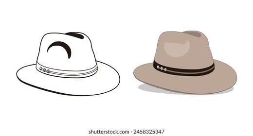 Men's Hat Fedora Style side front view in outline and realistic vector illustration isolated, eps