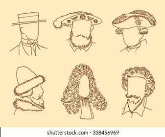 men's hats of different times on a beige background