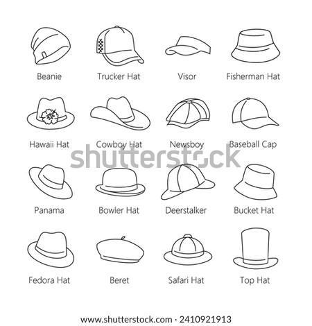 Men's hats or headdresses vector set. Linear icons or signs isolated on white background. Traditional headgears. Editable stroke.