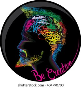 Men`s head. Creativity icon. Black circle emblem with bearded men head. Vector illustration. Creativity and Imagination concept