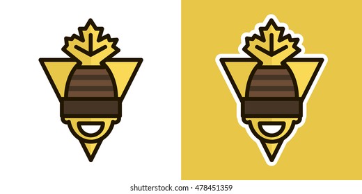 Men's head hat and maple leaf logo, icon, sign. Isolated on an orange background. Logo theme of autumn