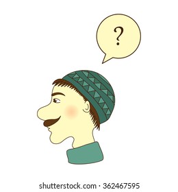 Men's head with a mustache wearing a hat in profile with question in his mind - vector