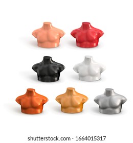 Men's headless bust of white, black, beige, red, silver, gold, bronze color. Plastic male mannequin. Showcase of a store. Vector 3d realistic illustration isolated on white background.