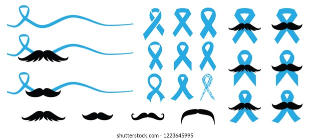 Men's health awareness, blue ribbon ( mustache ), medical symbol for prostate cancer month in november. Vector banner. No shave or shaving moustache, mustache or beard men face. 