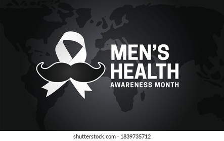 Men's Health Awareness Month Black Background Illustration with Ribbon and Moustache