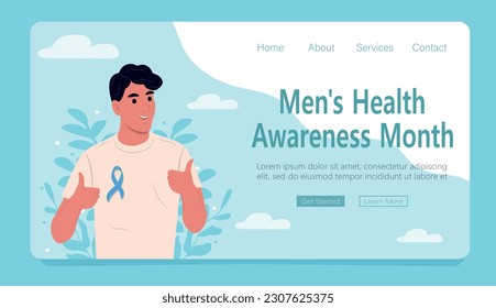 Men's health awareness month. Prostate cancer awareness ribbon with. World Prostate Cancer Day. A mans and a symbol of mens health. Web page template. Flat vector illustration.