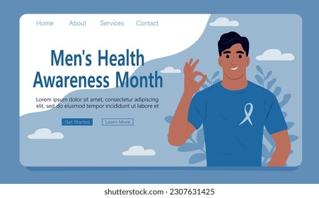 Men's health awareness month. Prostate cancer awareness ribbon with. World Prostate Cancer Day. A mans and a symbol of mens health. Web page template. Flat vector illustration.