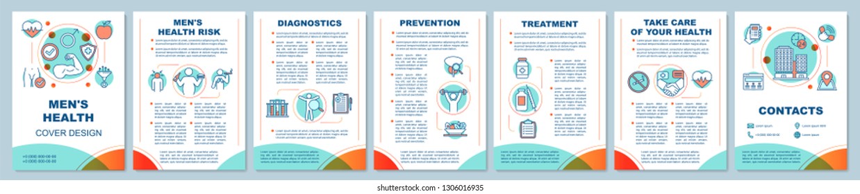 Men's health brochure template layout. Male health risks factors. Healthy lifestyle. Flyer, booklet, leaflet print design. Vector page layouts for magazines, annual reports, advertising posters