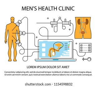 Men's health clinic banner. Medical aid concept in flat line style. Urology icons isolated on white background. Vector illustration eps 10